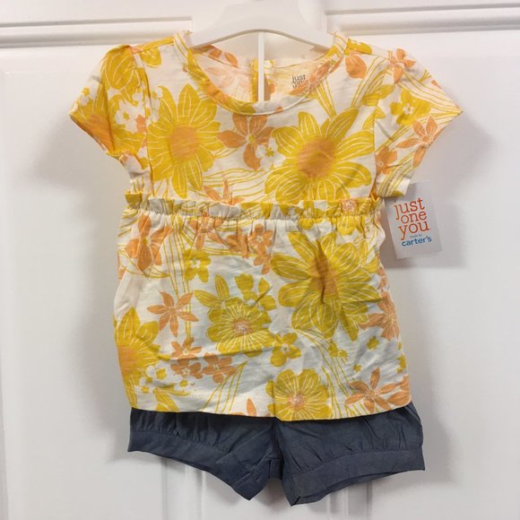 NWT - Just One You by Carter's Short Set - Yellow Flowers Denim - Size 24 mos - Picture 1 of 7